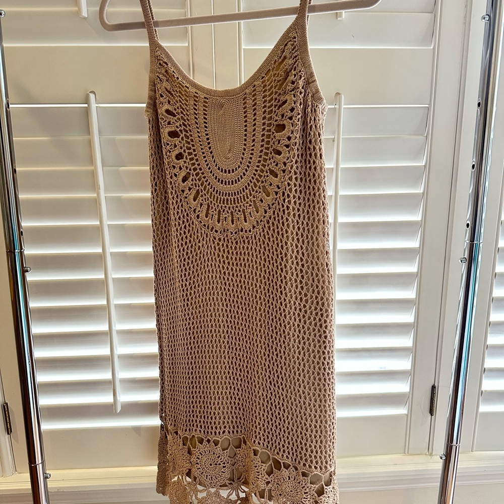 Trina Turk crochet tan mandala sleeveless dress